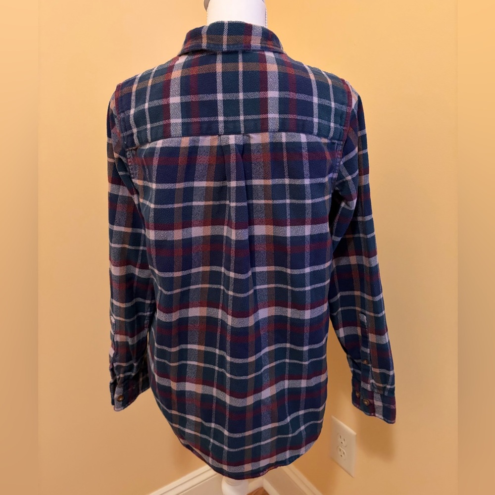 L.L. Bean Organic Cotton Plaid Flannel Shirt Small Women’s Blue Green purple EUC - Picture 6 of 13